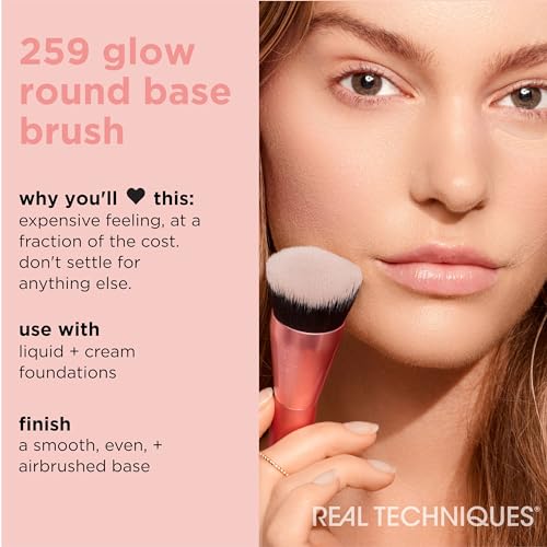 Real Techniques Glow Round Base Makeup Brush, For Liquid & Cream Makeup, Flat Top Foundation Brush For Buffing & Blending Up Coverage, Dense Synthetic Bristles, Vegan & Cruelty Free, 1 Count