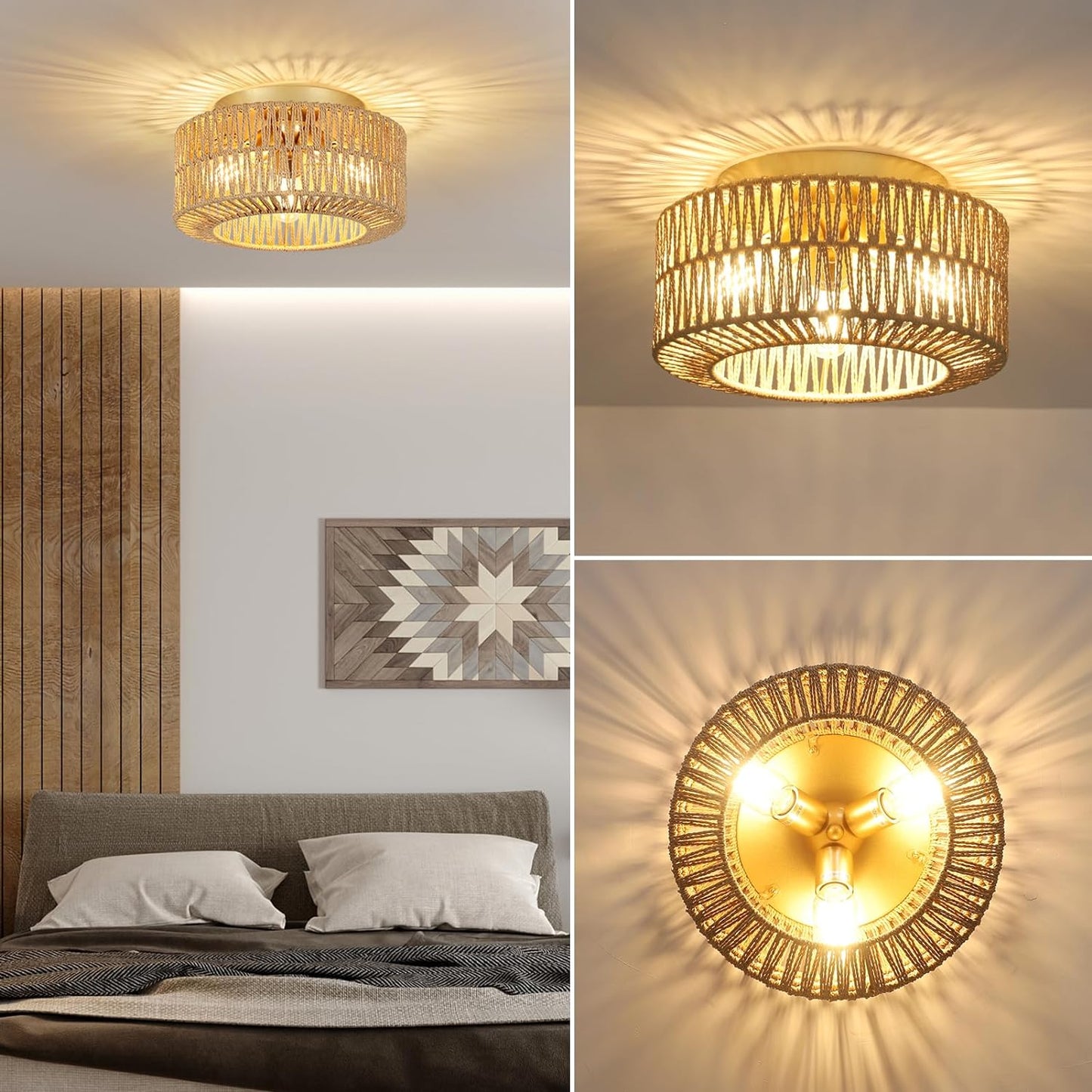 Boho Light Fixtures Ceiling Mount 3-Light Farmhouse Rattan Ceiling Light Fixture Flush Mount Ceiling Light with Hand-Woven Shade