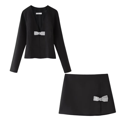 Butterfly knot decoration slim fit shirt+short skirt set for women