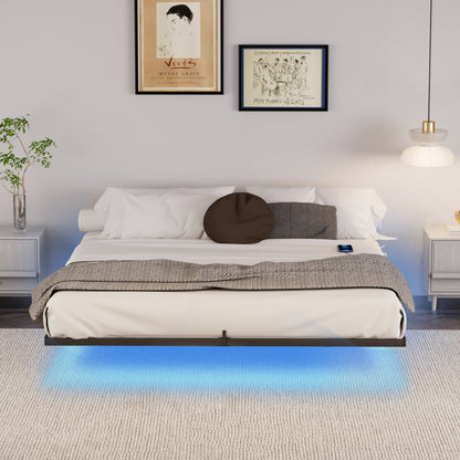 Floating Bed Frame King Size with LED Lights ＆ charging station, Metal Platform Queen Bed, 79.9'' L x 76.2'' W x 7.9'' H.