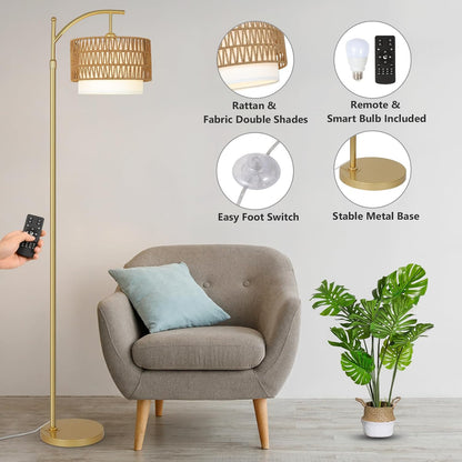 Gold Floor Lamps for Living Room with Remote & Dimmable LED Bulb, Modern Arc Floor Lamp with 3 Color Temperatures