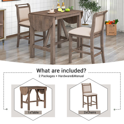 TOPMAX 3-Piece Wood Counter Height Drop Leaf Dining Table Set with 2 Upholstered Dining Chairs for Small Place, Brown