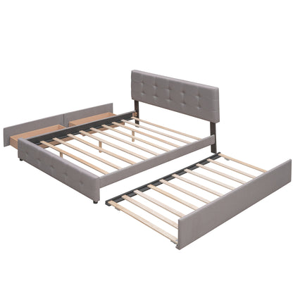 Upholstered Platform Bed with 2 Drawers and 1 Twin XL Trundle Linen Fabric Queen Size - Light Gray