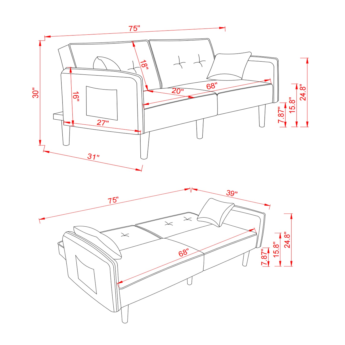 Living Room Bed Room Leisure Futon Sofa bed in Blue Fabric with Solid Wood Leg