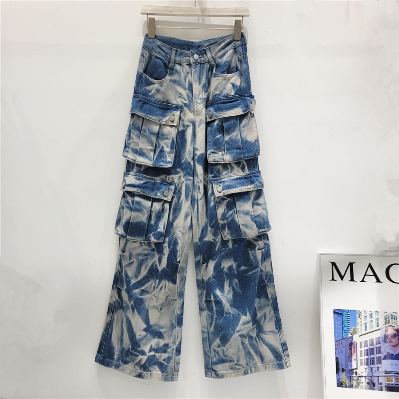 Retro street multi pocket camouflage work pants, long pants, straight leg mop jeans, wide leg pants, women's fashion