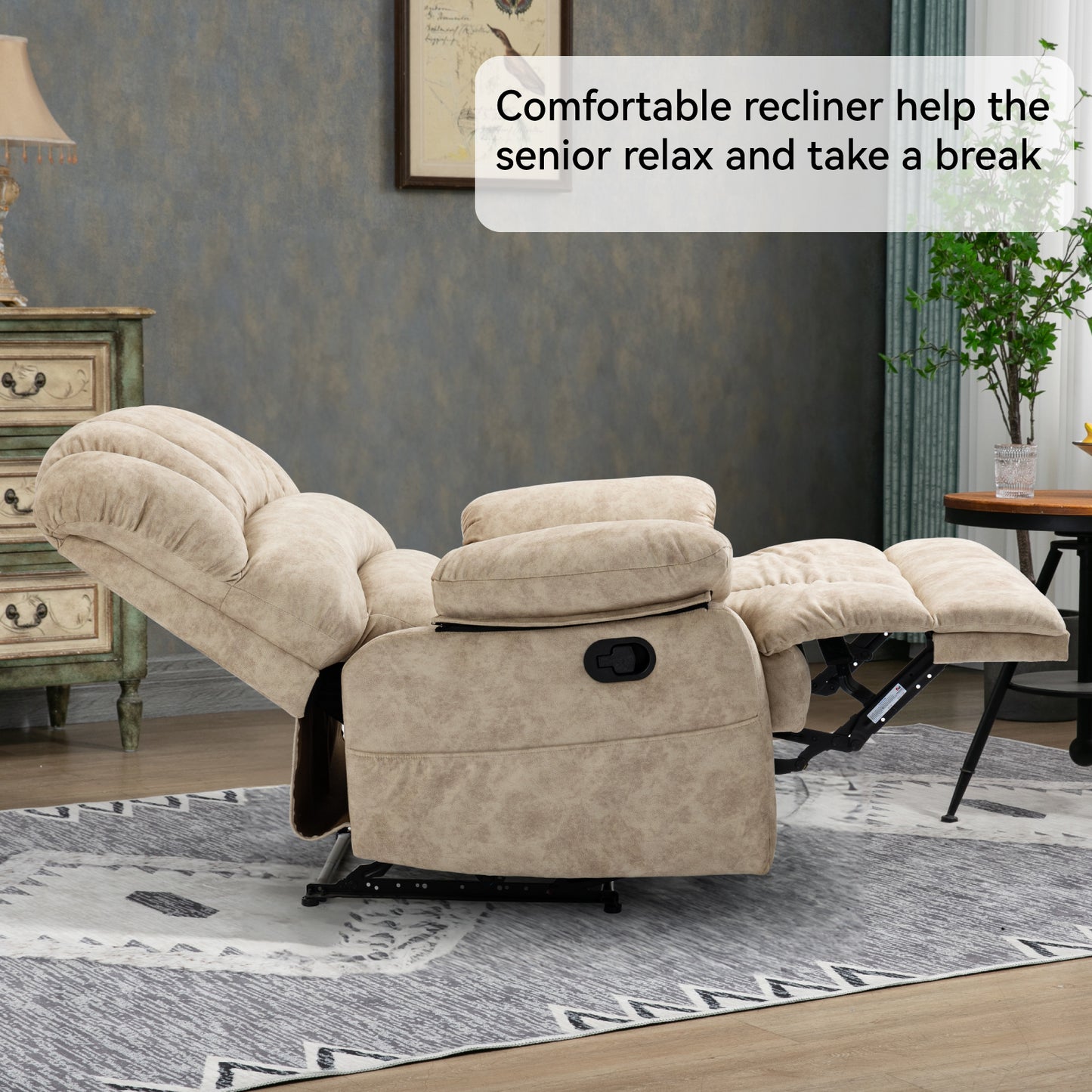 Large Manual Recliner Chair in Fabric for Living Room, Beige