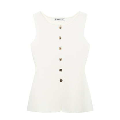 Golden button embellished flat needle vest