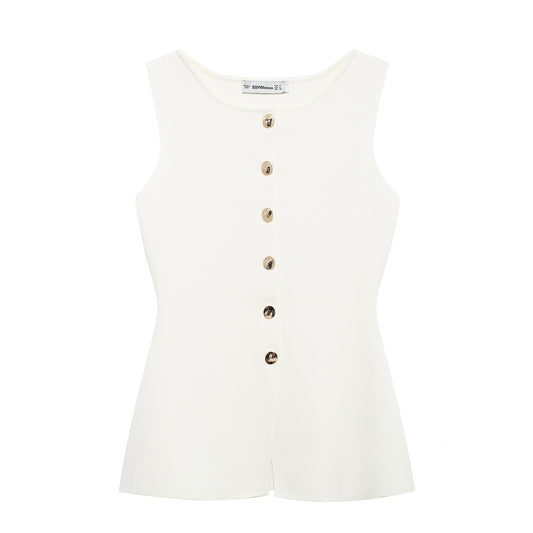 Golden button embellished flat needle vest