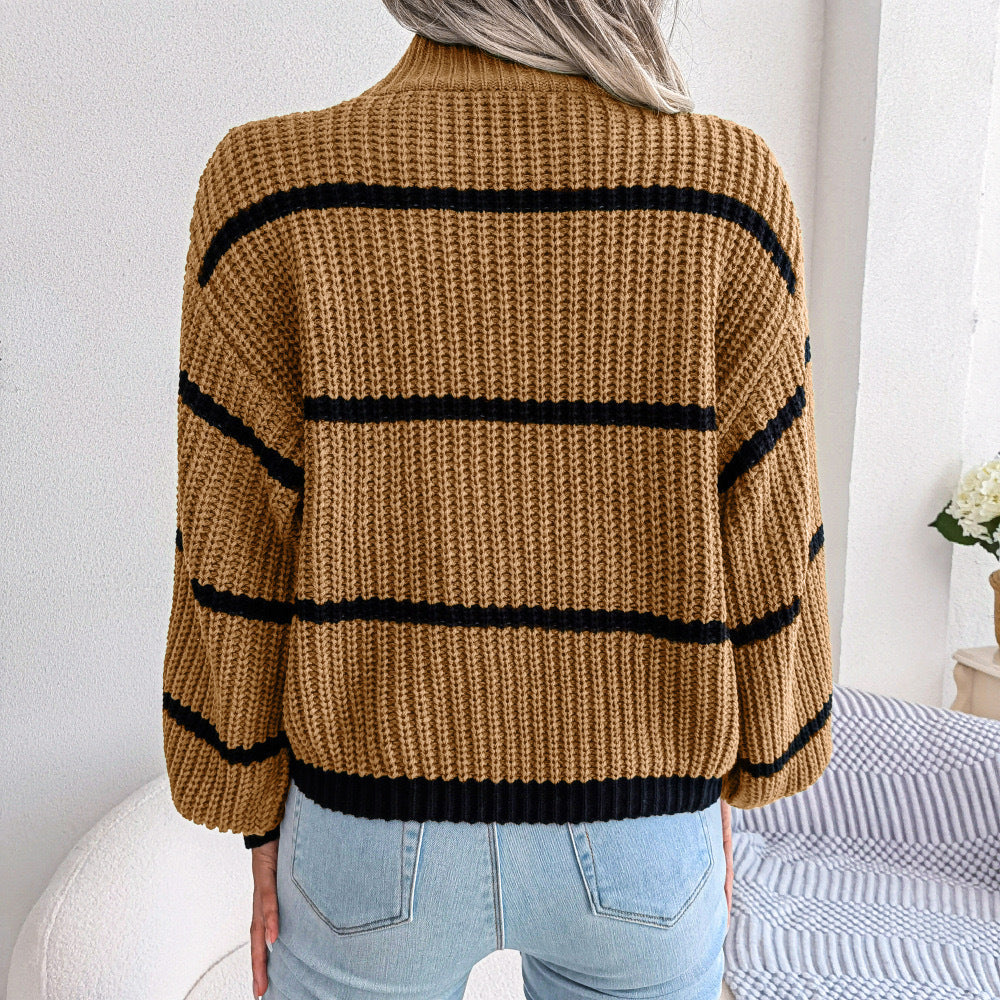 Knitted Sweater Half Turtleneck Pullover Sweater Women's Outer Wear Amazon Striped Contrast Color Fashion