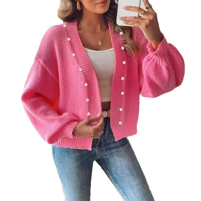 Women's Short Pearl Beaded Cardigan Loose Buckle-free Sweater Coat