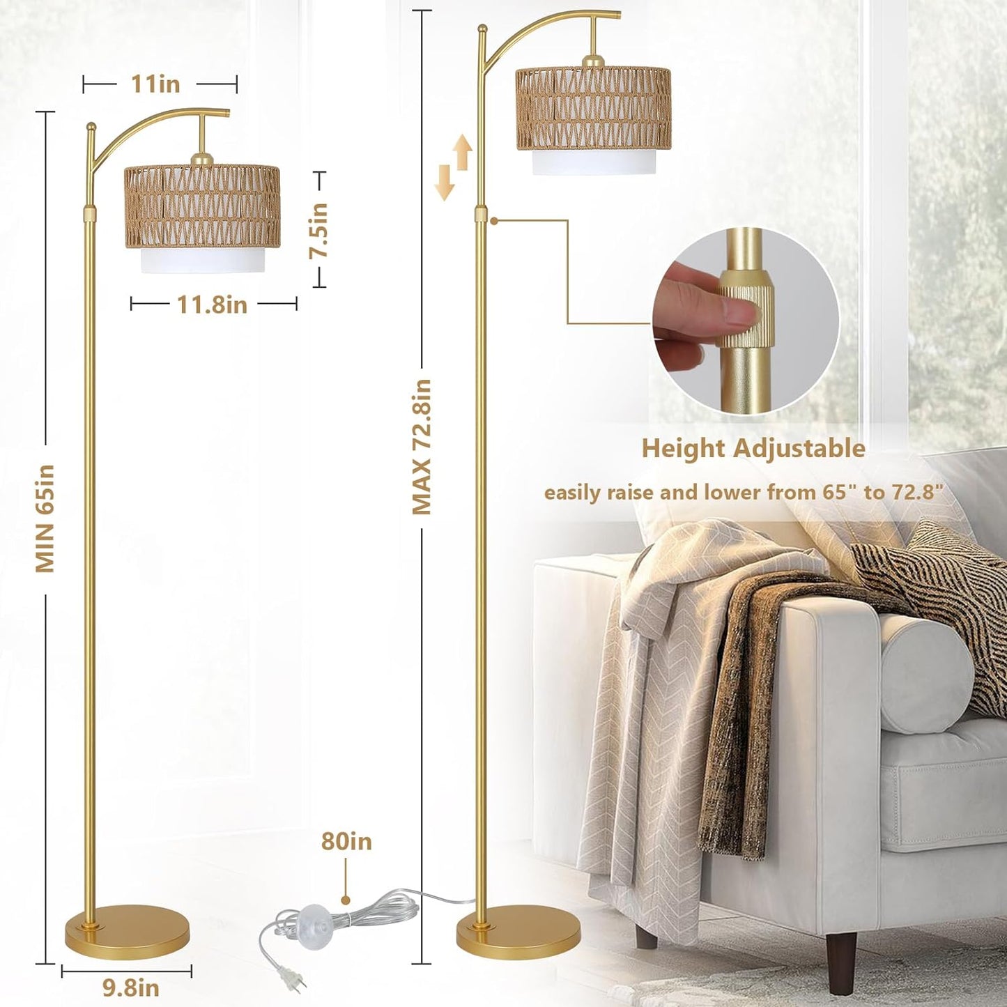 Gold Floor Lamps for Living Room with Remote & Dimmable LED Bulb, Modern Arc Floor Lamp with 3 Color Temperatures