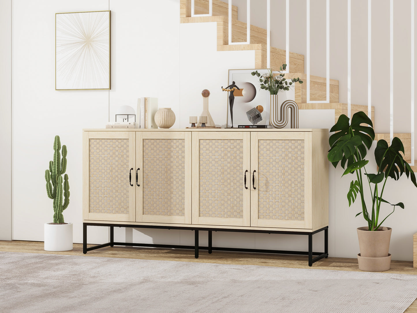 Rattan 4-Door Sideboard , Sideboard Buffet Storage Cabinet,Accent Storage Cabinet , Large Cabinet With 4 Rattan Decorated Doors