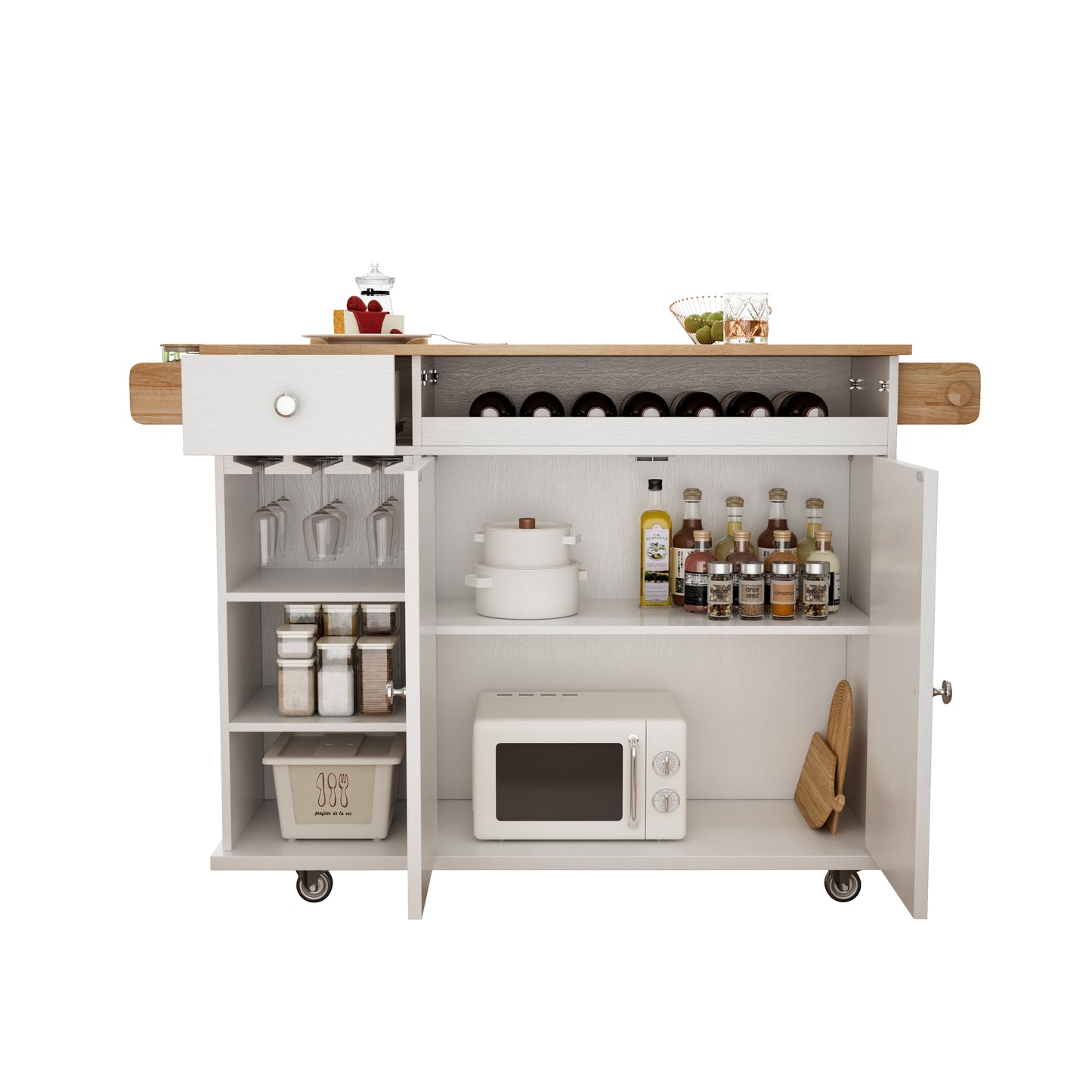 44 Inch Kitchen Island Cart with Solid Wood Top, Wine Storage, Spice Rack, Towel Rack, Wine Glass Holder White & Oak