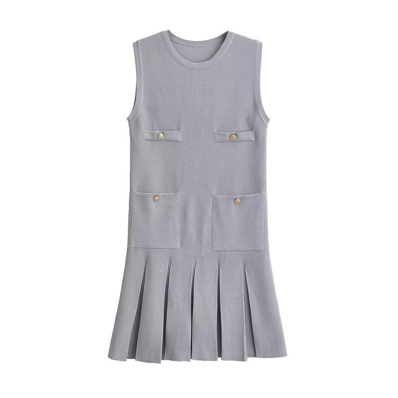 Wide pleated button knit mini dress