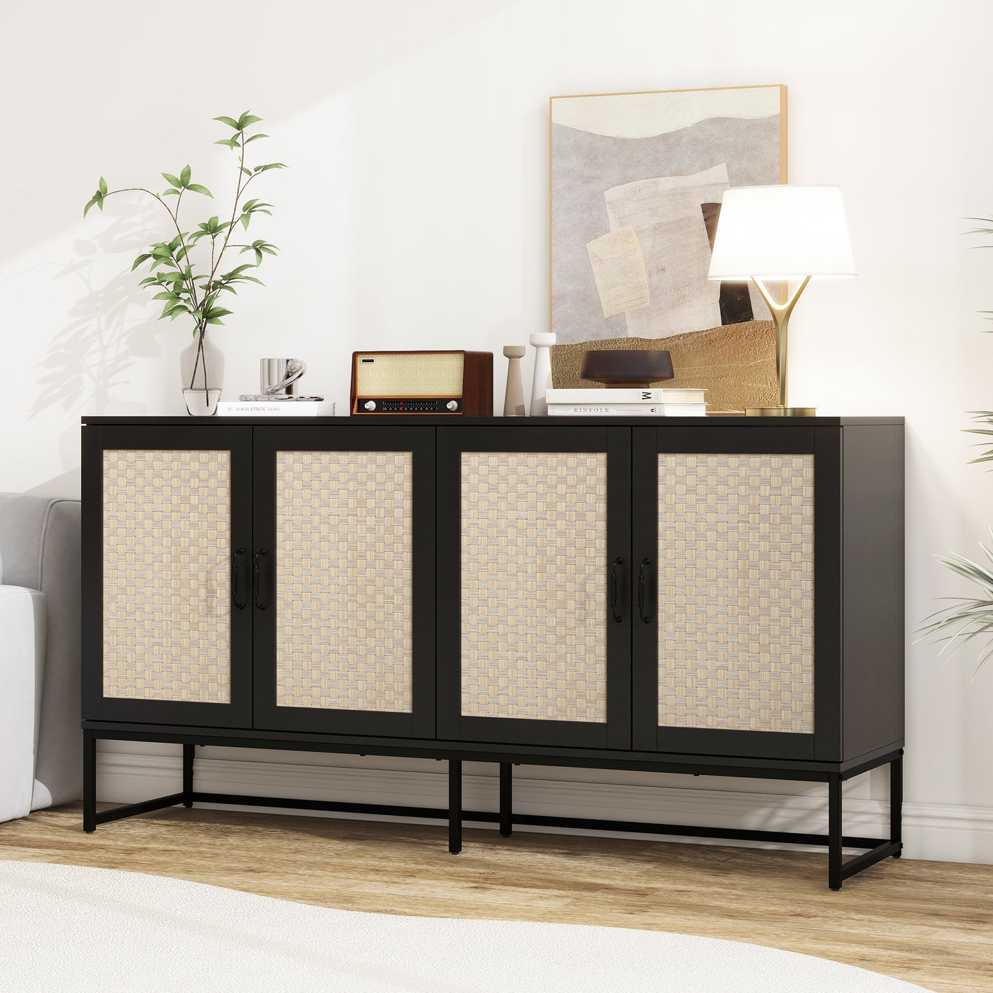 Rattan 4-Door Sideboard , Sideboard Buffet Storage Cabinet,Accent Storage Cabinet , Large Cabinet With 4 Rattan Decorated Doors