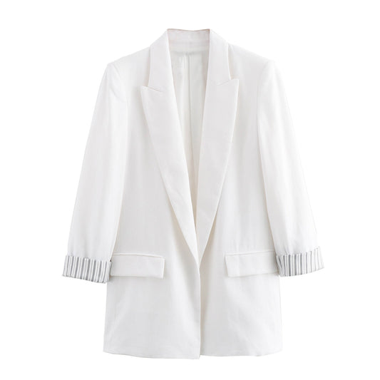 Fashionable and minimalist linen blended rolled sleeve suit jacket