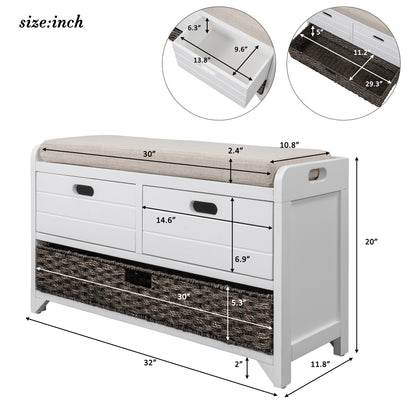 TREXM White Storage Bench with Removable Basket and 2 DrawersFully Assembled Shoe Bench with Removable Cushion