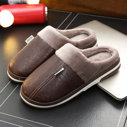 Cotton slippers in large size, winter waterproof home for couples, indoor anti slip and warm, men's external wear, women's soft soled PU leather slippers