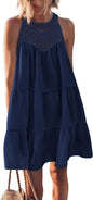 Hollow out backless dress, casual sleeveless A-line layered swinging vest skirt