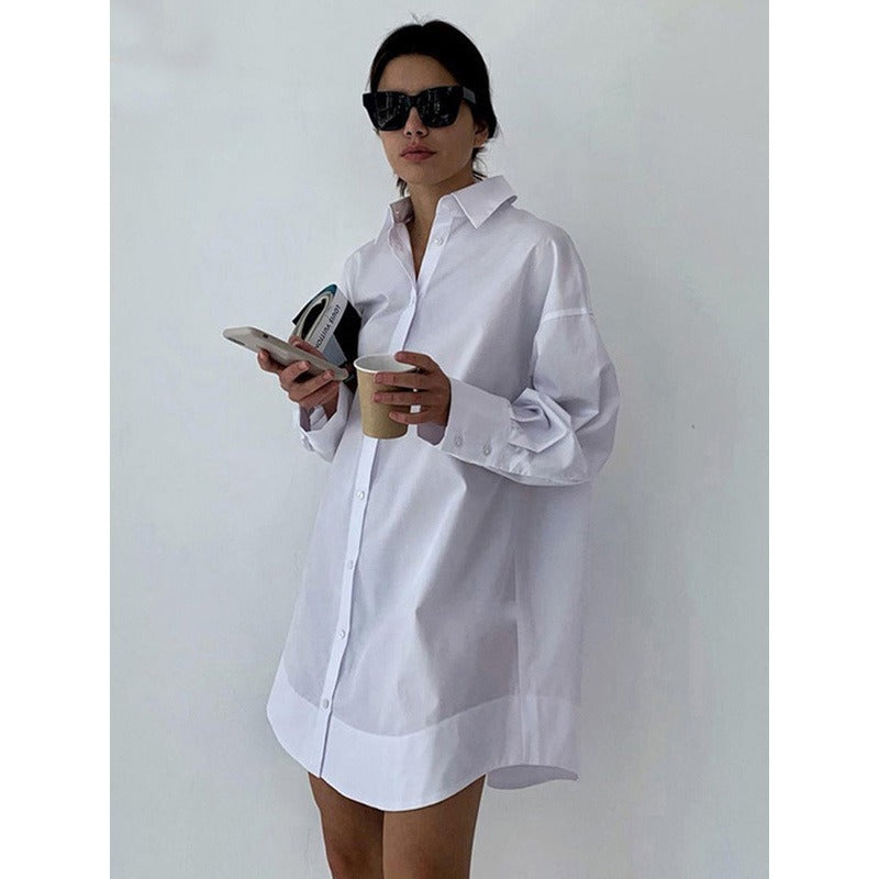 Long Sleeve Loose Solid Lapel Shirt Top Mini Dress