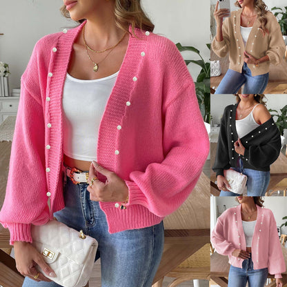 Women's Short Pearl Beaded Cardigan Loose Buckle-free Sweater Coat