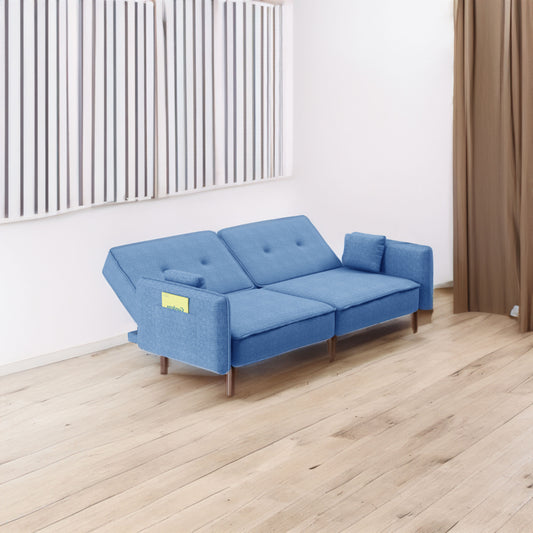 Living Room Bed Room Leisure Futon Sofa bed in Blue Fabric with Solid Wood Leg