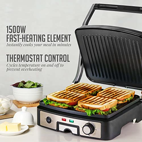 OVENTE Electric Sandwich Maker with Non-Stick Plates, Indicator Lights, Cool Touch Handle, Easy to Clean and Store, Perfect for Cooking Breakfast, Grilled Cheese, Tuna Melts and Snacks, Black GPS401B