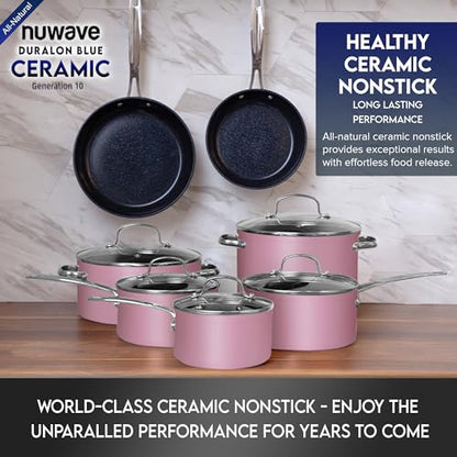 Nuwave Healthy Duralon Blue Ceramic Nonstick Cookware Set, Diamond Infused Scratch-Resistant, PFAS Free, Dishwasher & Oven Safe, Induction Ready & Evenly Heats,Tempered Glass Lids & Stay-Cool Handles