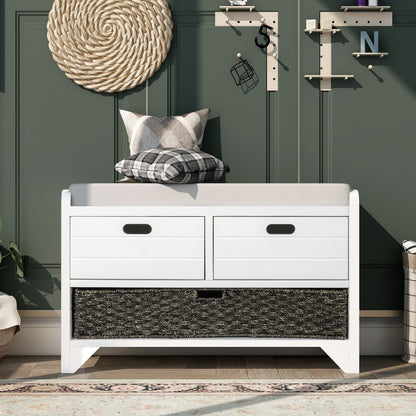 TREXM White Storage Bench with Removable Basket and 2 DrawersFully Assembled Shoe Bench with Removable Cushion