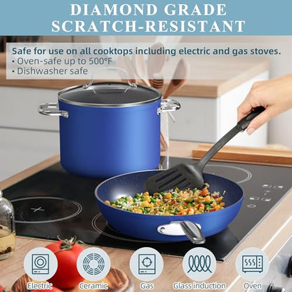 Nuwave Healthy Duralon Blue Ceramic Nonstick Cookware Set, Diamond Infused Scratch-Resistant, PFAS Free, Dishwasher & Oven Safe, Induction Ready & Evenly Heats,Tempered Glass Lids & Stay-Cool Handles