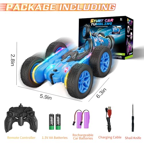 Remote Control Car, Rc Cars Stunt RC Car Toys New Upgraded Strip Lights and Headlights Car Toys Double-Sided 360° Rotating 4WD Rc Drift Truck for Boys Girls Birthday Gift (Blue)