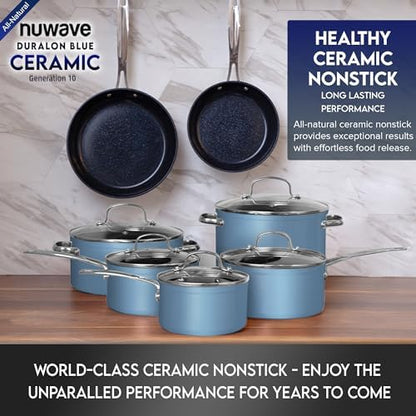 Nuwave Healthy Duralon Blue Ceramic Nonstick Cookware Set, Diamond Infused Scratch-Resistant, PFAS Free, Dishwasher & Oven Safe, Induction Ready & Evenly Heats,Tempered Glass Lids & Stay-Cool Handles