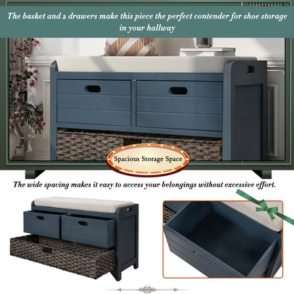 TREXM Storage Bench with Removable Basket and 2 Drawers, Fully Assembled Shoe Bench with Removable Cushion (Navy)