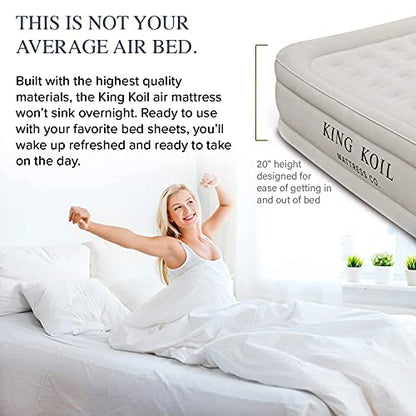 King Koil Plush Pillow Top King Air Mattress with Built-in High-Speed Pump Best for Home, Camping, Guests, 20" King Size Luxury Double Airbed Adjustable Blow Up Mattress, Waterproof, 1-Year Warranty.