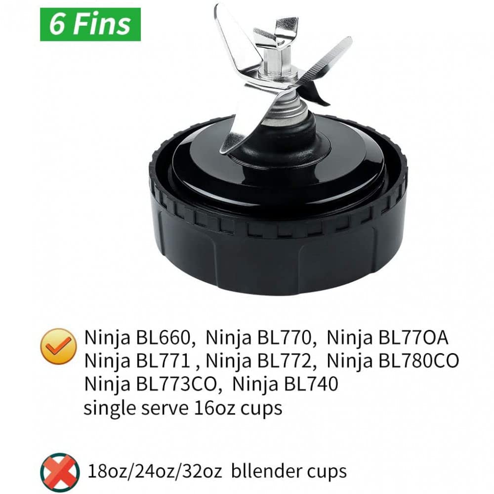 Replacement Parts for Nutri Ninja, Blender 6 Fins Blade Assembly and 2 Pack 16 oz Cup Set for BL770 BL780 BL660 Blender (3.35 inch)