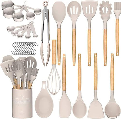 Umite Chef Kitchen Cooking Utensils Set, 33 pcs Non-Stick Silicone Cooking Kitchen Utensils Spatula Set with Holder, Wooden Handle Silicone Kitchen Gadgets Utensil Set (Khaki)