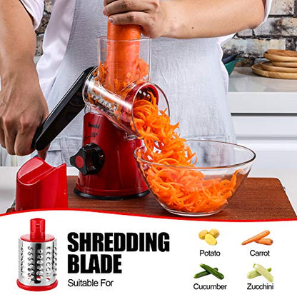 Geedel Rotary Cheese Grater, Kitchen Mandoline Vegetable Slicer with 3 Interchangeable Blades, Easy to Clean Grater for Fruit, Vegetables, Nuts