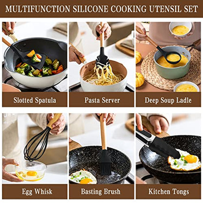 Umite Chef Kitchen Cooking Utensils Set, 33 pcs Non-Stick Silicone Cooking Kitchen Utensils Spatula Set with Holder, Wooden Handle Silicone Kitchen Gadgets Utensil Set (Khaki)