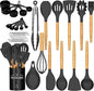 Umite Chef Kitchen Cooking Utensils Set, 33 pcs Non-Stick Silicone Cooking Kitchen Utensils Spatula Set with Holder, Wooden Handle Silicone Kitchen Gadgets Utensil Set (Khaki)