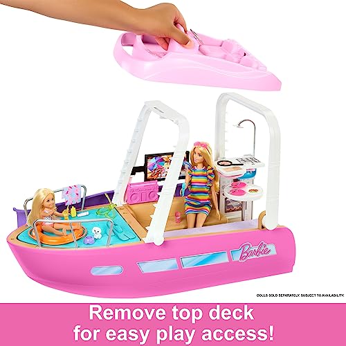 Barbie Toy Boat Playset, Dream Boat with 20+ Ocean-Themed Accessories Sized to Fashion Dolls Including Pool, Slide & Dolphin,