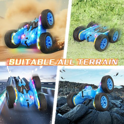 Remote Control Car, Rc Cars Stunt RC Car Toys New Upgraded Strip Lights and Headlights Car Toys Double-Sided 360° Rotating 4WD Rc Drift Truck for Boys Girls Birthday Gift (Blue)