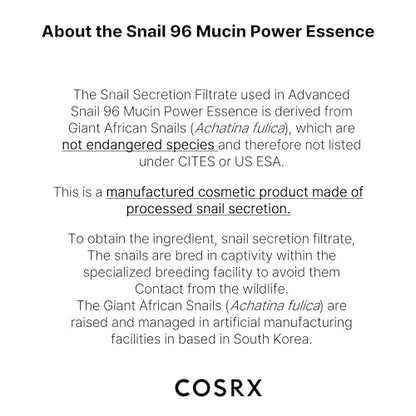 COSRX Snail Mucin 96% Power Repairing Essence 3.38 fl.oz 100ml, Hydrating Serum for Face with Snail Secretion Filtrate for Dull Skin & Fine Lines, Korean Skincare