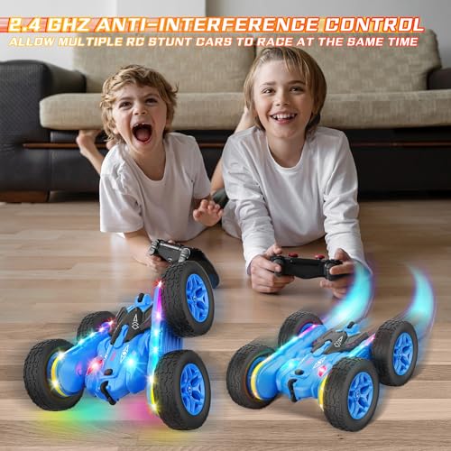 Remote Control Car, Rc Cars Stunt RC Car Toys New Upgraded Strip Lights and Headlights Car Toys Double-Sided 360° Rotating 4WD Rc Drift Truck for Boys Girls Birthday Gift (Blue)