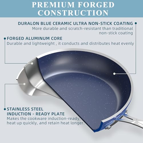 Nuwave Healthy Duralon Blue Ceramic Nonstick Cookware Set, Diamond Infused Scratch-Resistant, PFAS Free, Dishwasher & Oven Safe, Induction Ready & Evenly Heats,Tempered Glass Lids & Stay-Cool Handles