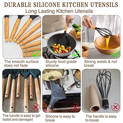 Umite Chef Kitchen Cooking Utensils Set, 33 pcs Non-Stick Silicone Cooking Kitchen Utensils Spatula Set with Holder, Wooden Handle Silicone Kitchen Gadgets Utensil Set (Khaki)