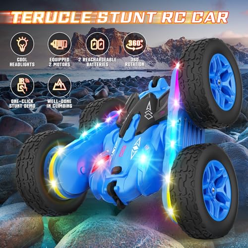 Remote Control Car, Rc Cars Stunt RC Car Toys New Upgraded Strip Lights and Headlights Car Toys Double-Sided 360° Rotating 4WD Rc Drift Truck for Boys Girls Birthday Gift (Blue)