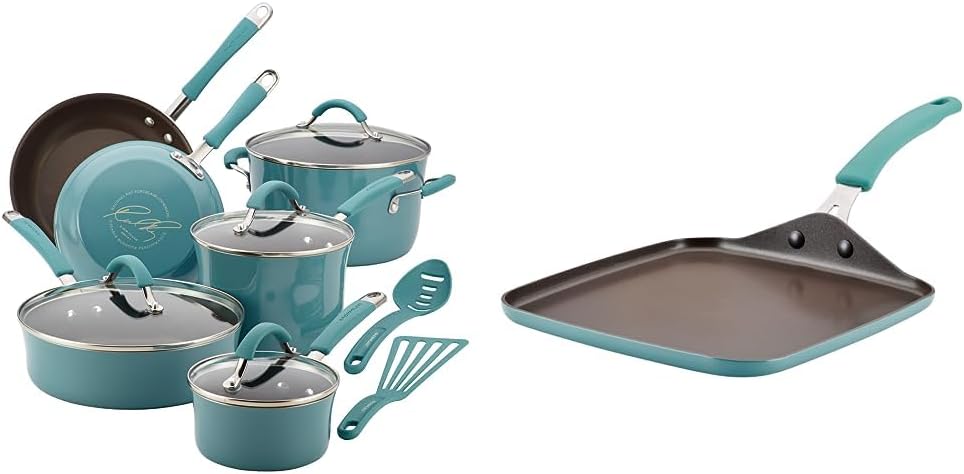 Rachael Ray - 16802 Rachael Ray Cucina Nonstick Cookware Pots and Pans Set, 12 Piece, Sea Salt Gray