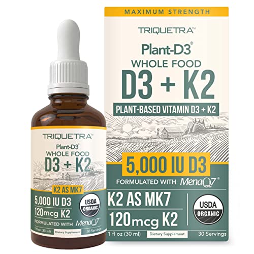 Organic Plant D3 + K2 (5000 iu D3) - All-Trans MK7 from MenaQ7 (120 mcg K2) - 100% Organic & Plant-Based Sublingual D3 Drops (Cholecalciferol), 100% Vegan - Supports Immunity, Bone(1oz)