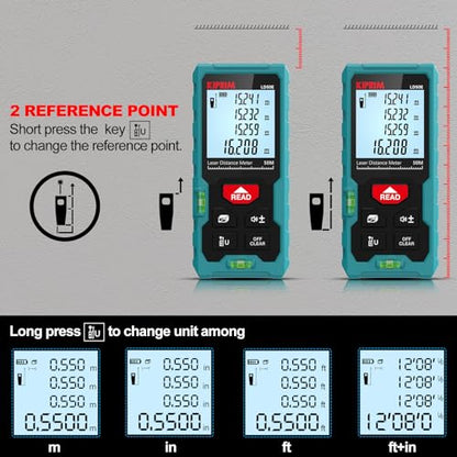 Kiprim Laser Distance Measure High Accuracy 165ft Kiprim LD50E Laser Tape Measure 50M Compact Laser Measurement Tool with Larger Backlit LCD Display,ft/m/in Switching,Bubble Level