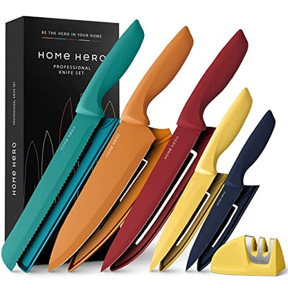 Home Hero 11 Pcs Kitchen Knife Set with Sharpener - High Carbon Stainless Steel Knife Block Set with Ergonomic Handles (Black)